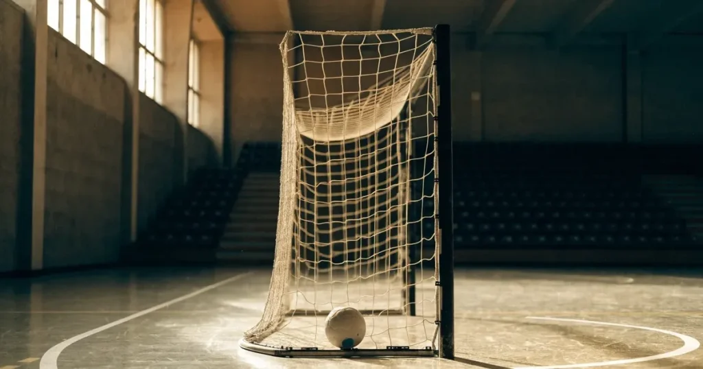 Ein Tor mit dicht gespanntem Netz steht in einer grossen Halle, davor liegt ein Handball auf der Torraumlinie.