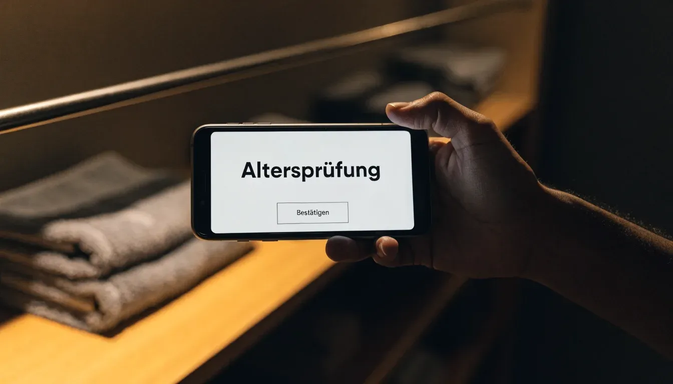 Ein Schlüsselbund liegt auf einem Holzregal neben einem Stapel gefalteter Handtücher, das Licht ist warm.