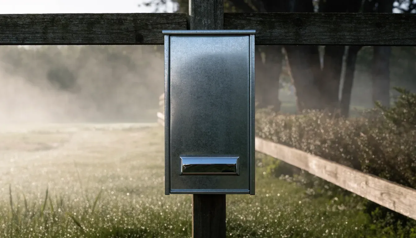Ein Briefkasten aus Metall hängt an einem Holzzaun, dahinter liegt ein Garten im Morgennebel.