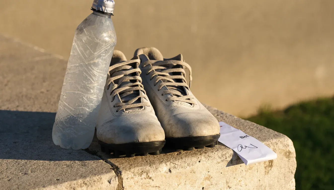 Ein Paar abgetragene Fussballschuhe steht neben einer Wasserflasche auf einer Treppenstufe im Sonnenlicht.