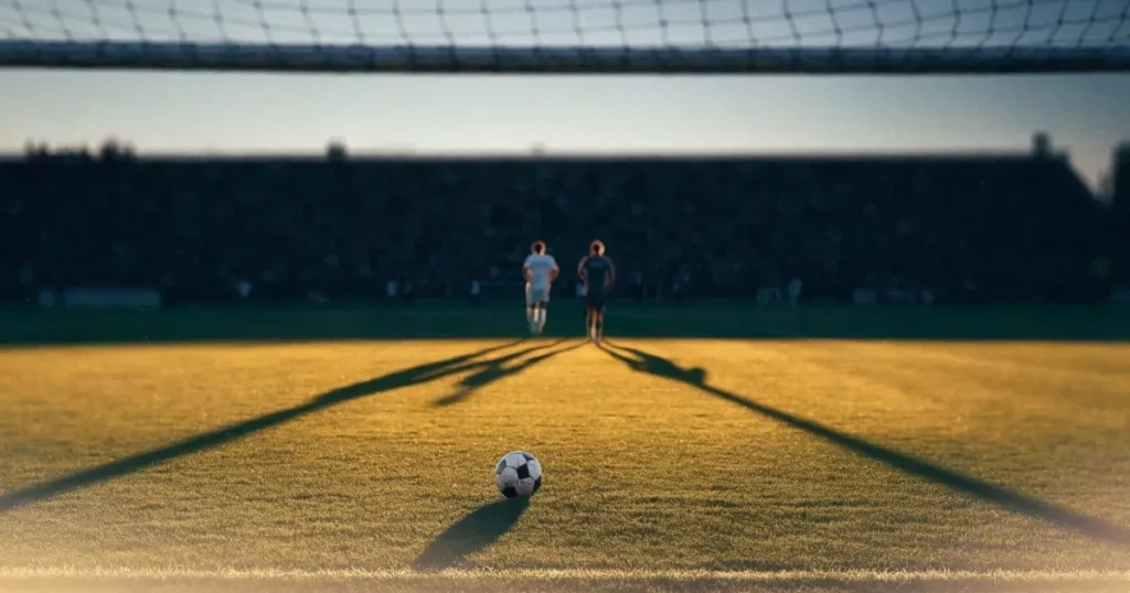 Ein Fussballplatz im Abendlicht mit langen Schatten der Torpfosten, die Rasenfläche leuchtet gelblich.