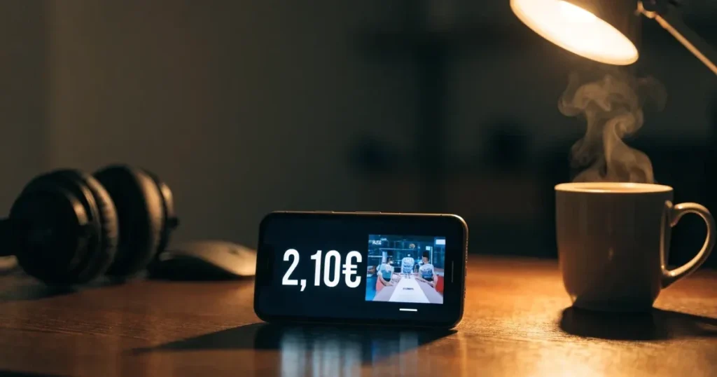 Ein Headset und eine Computermaus liegen auf einem dunklen Schreibtisch, daneben ein Becher mit dampfendem Tee.