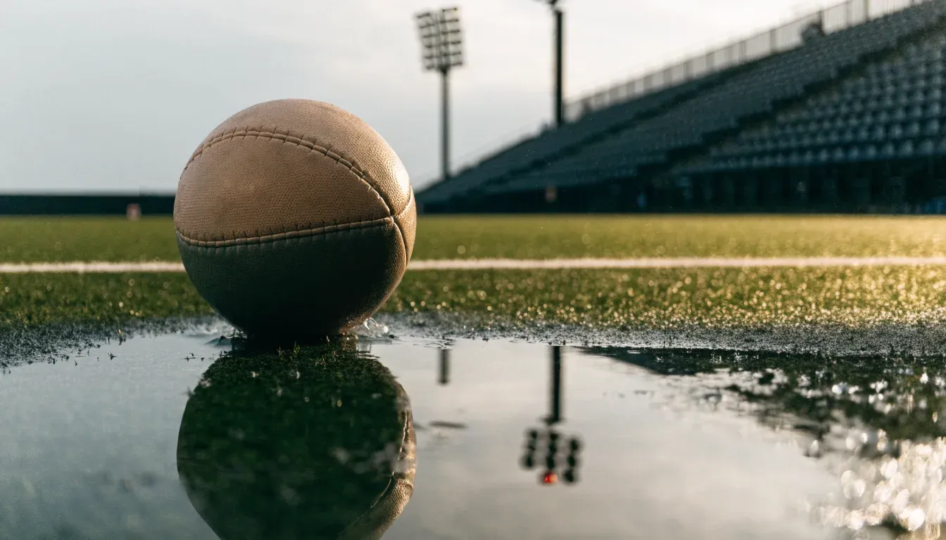 Ein Fussball liegt auf nassem Kunstrasen neben einer weissen Linie, Pfützen spiegeln den Himmel.