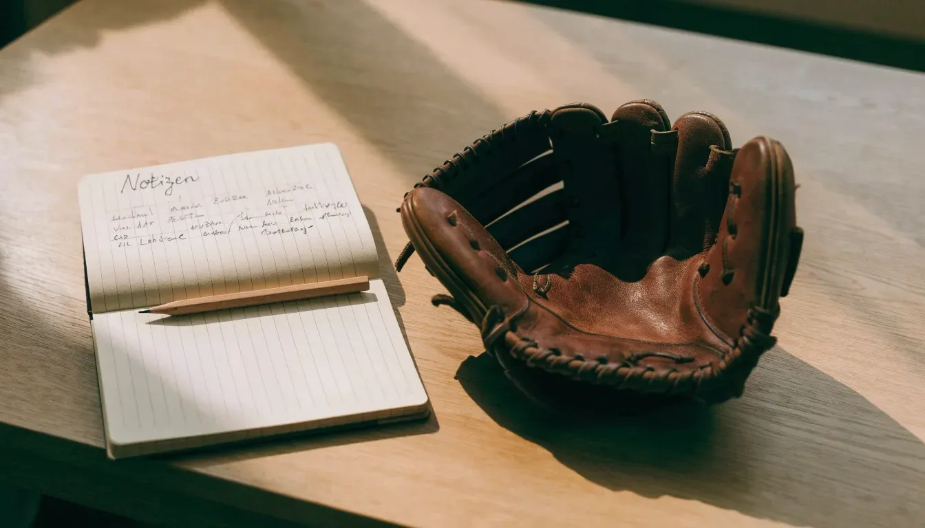 Ein aufgeschlagenes Notizbuch mit handgeschriebenen Notizen und ein Bleistift liegen auf einem Holztisch neben einem abgegriffenen Baseballhandschuh.