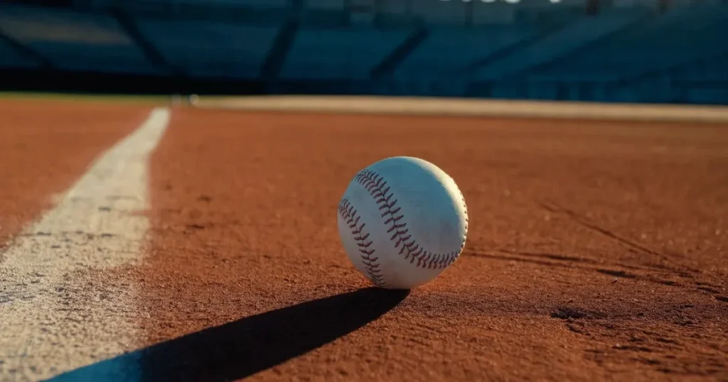 Ein weisser Baseball liegt auf rotbraunem Sand neben der Grundlinie eines leeren Stadions im warmen Abendlicht, die Ränge sind verlassen.