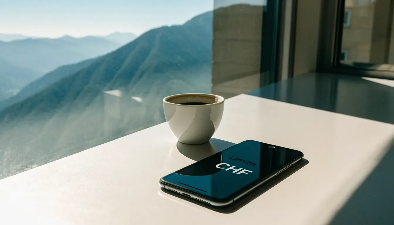 Ein Smartphone mit dunklem Bildschirm liegt auf einem hellen Schreibtisch neben einer Tasse, durch das Fenster dahinter sieht man eine Bergkette.