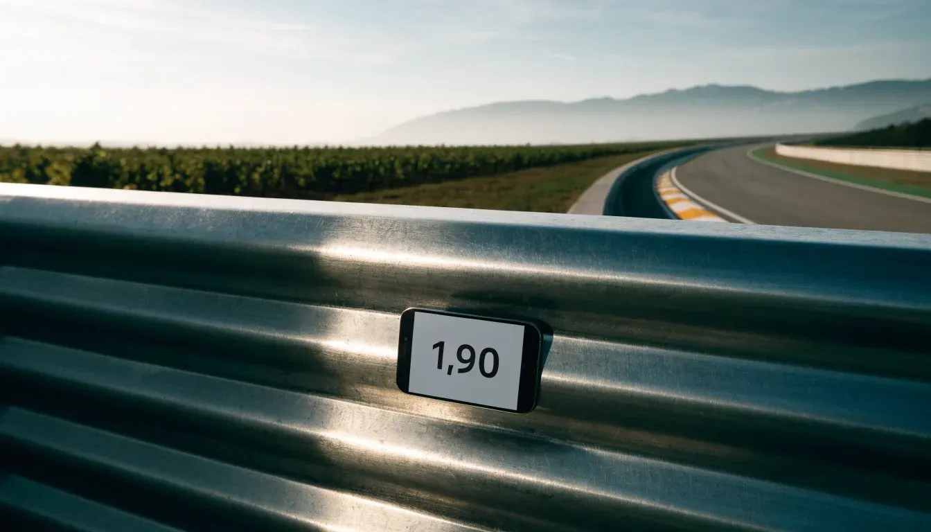 Eine Rennstrecke aus der Ferne zwischen Weinbergen und einer Bergkette, Dunst liegt am frühen Morgen über dem Asphalt.