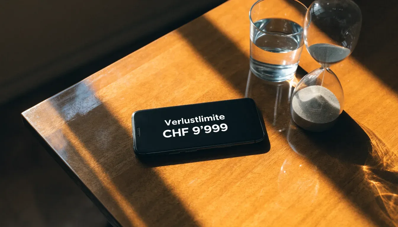 Eine Sanduhr steht auf einem Holztisch neben einem Glas Wasser, schräges Morgenlicht wirft einen langen Schatten über die Tischplatte.