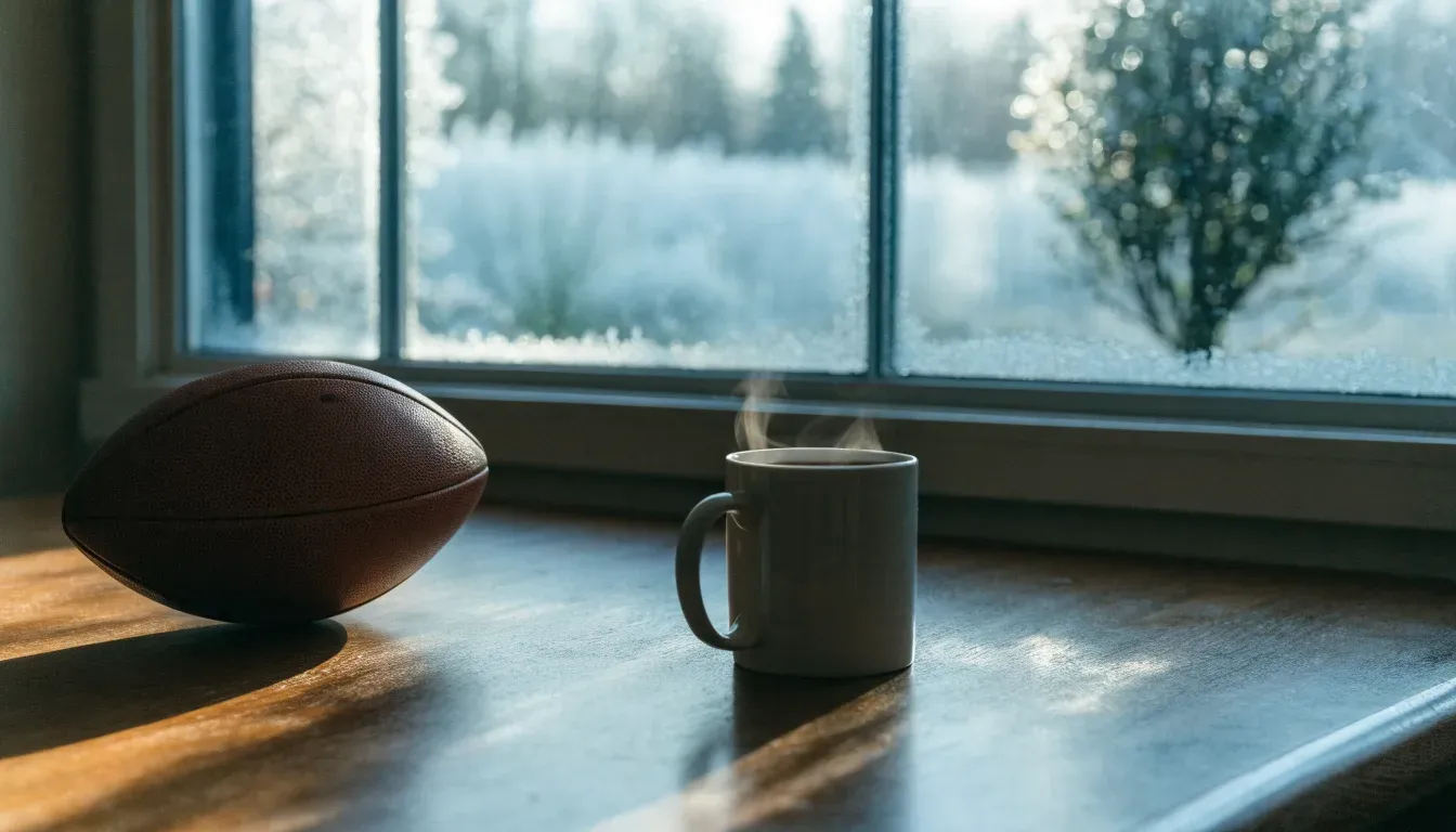 Ein Kaffeebecher und ein Football stehen auf einem Küchentisch am Morgen, durch das Fenster sieht man einen Garten mit Raureif.