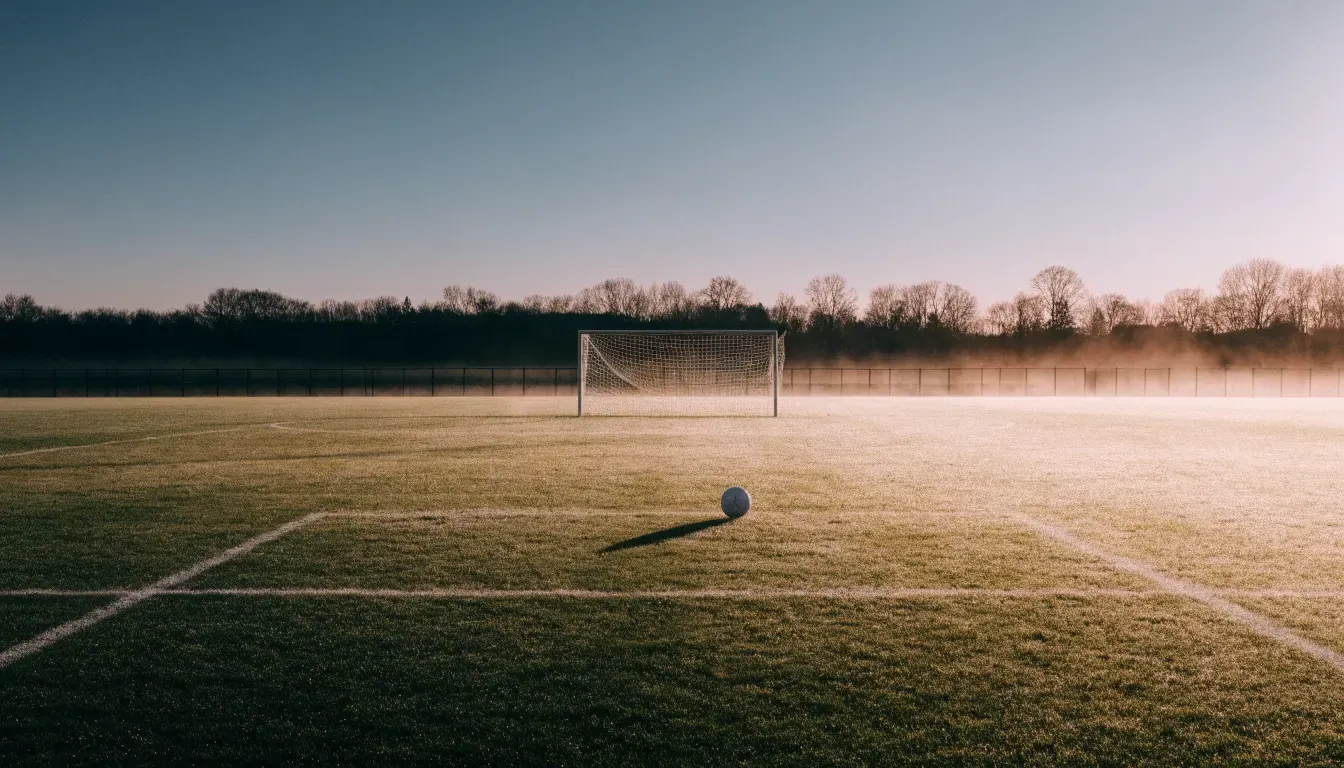 Ein Fussballtor mit Netz in der Totalen auf einem leeren Platz, Tau glänzt im Gras und die Morgensonne steht tief.