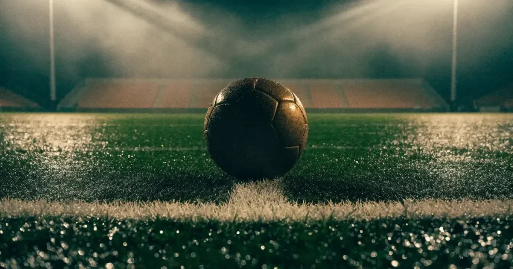 Ein Fussball liegt auf der Strafraumlinie eines nassen Rasens, dahinter stehen Flutlichtmasten im aufsteigenden Nebel.