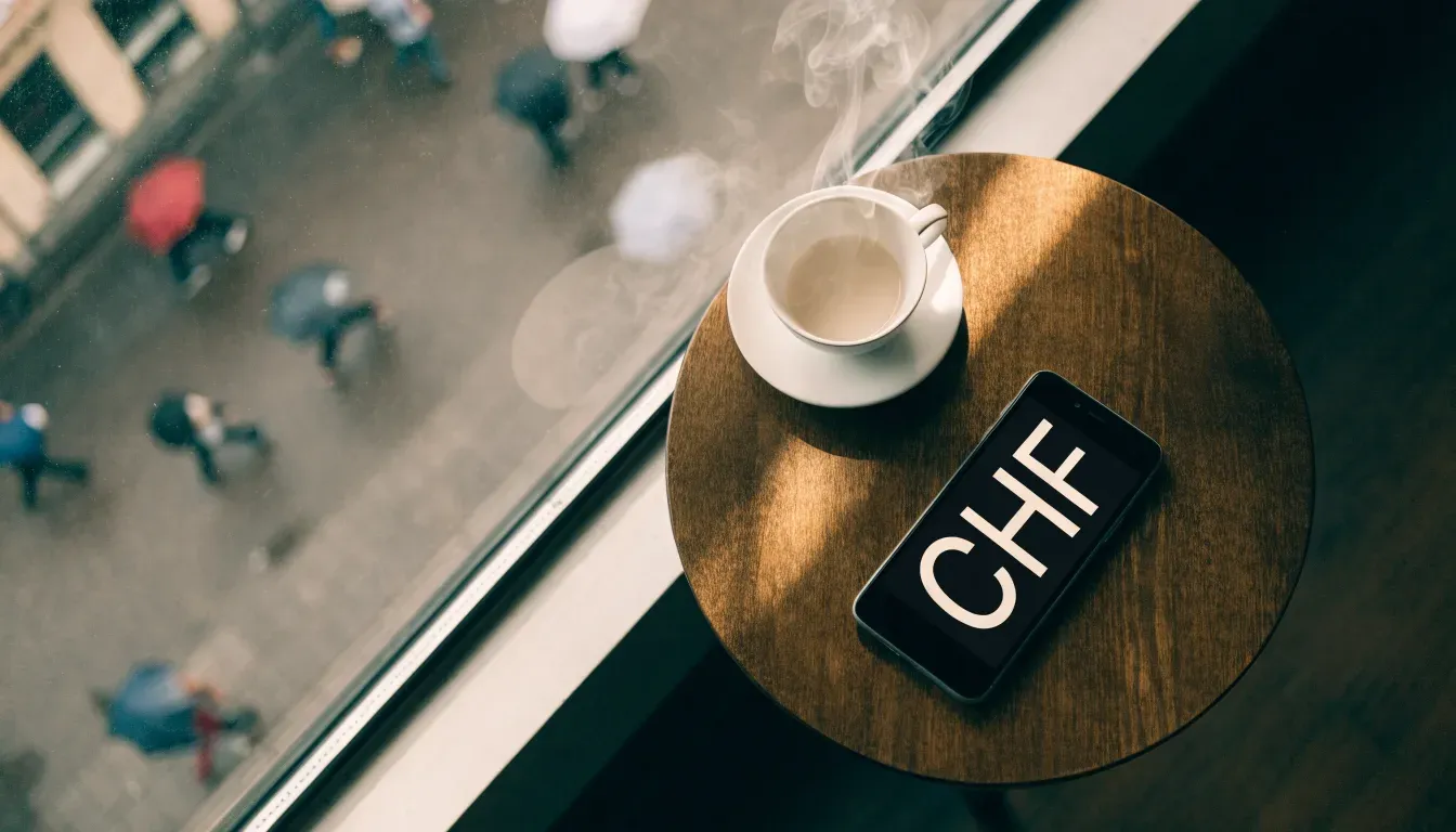 Ein Café-Tisch am Fenster mit einer Teetasse, draussen ein nasser Gehweg und Passanten mit Regenschirmen in unscharfer Ferne.