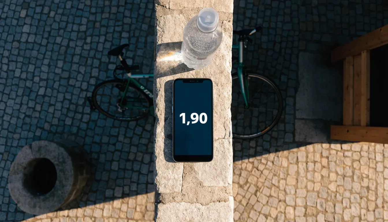 Ein Rennrad lehnt an einer Steinmauer am Rand eines Dorfplatzes, daneben eine Trinkflasche im ersten Sonnenlicht.