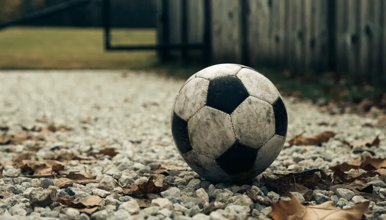 Ein abgenutzter Fussball liegt auf einem Kiesweg neben dem Eingang eines Vereinsplatzes, Laub liegt auf dem Boden.