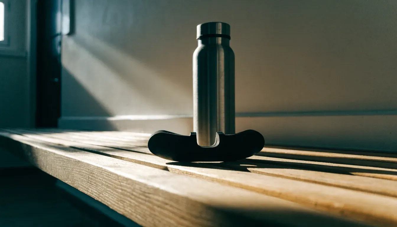 Ein Mundschutz liegt auf einer Holzbank neben einer Trinkflasche in einer schlichten Kabine, durch das Fenster fällt Morgenlicht.