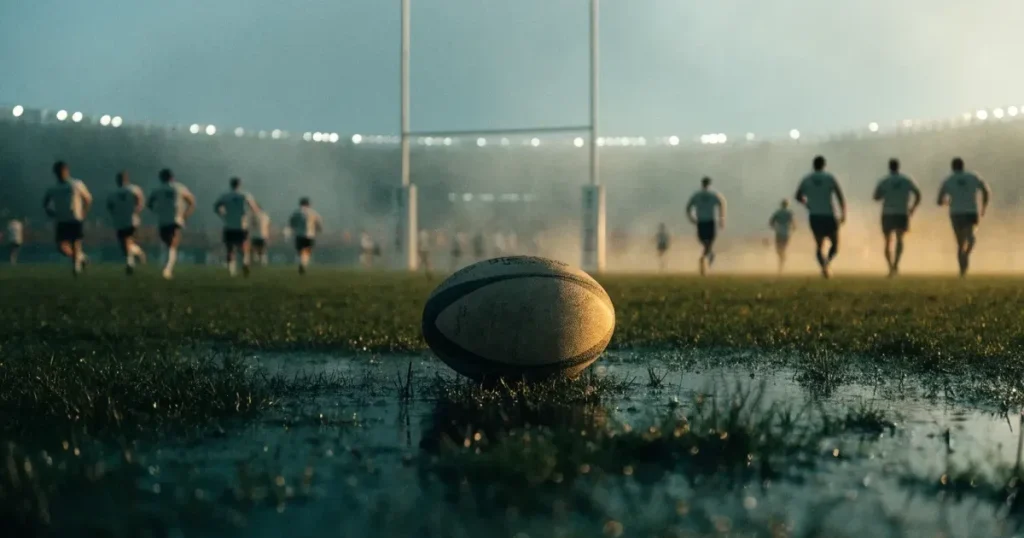 Ein ovaler Rugbyball liegt auf feuchtem Rasen vor zwei hohen Torstangen, hinter dem Spielfeld steigen Nebelschwaden auf.