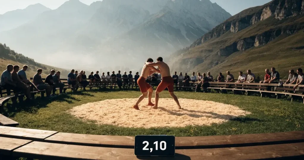 Ein kreisrunder Sägemehlring auf einer Wiese in den Voralpen, leere Holzbänke ringsum, im Hintergrund Berge im Morgenlicht.