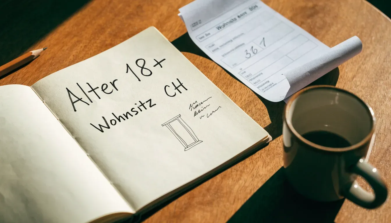 Ein aufgeschlagenes Notizbuch mit handschriftlichen Skizzen neben einem Bleistift und einer Kaffeetasse auf einem Holztisch.