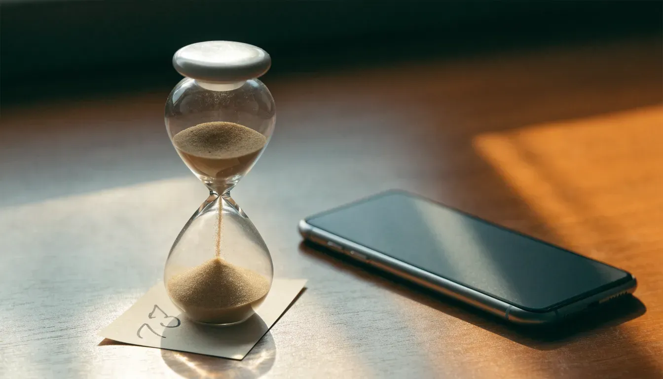 Eine Sanduhr steht auf einem Holztisch neben einem umgedrehten Smartphone, warmes Licht fällt von der Seite ein.