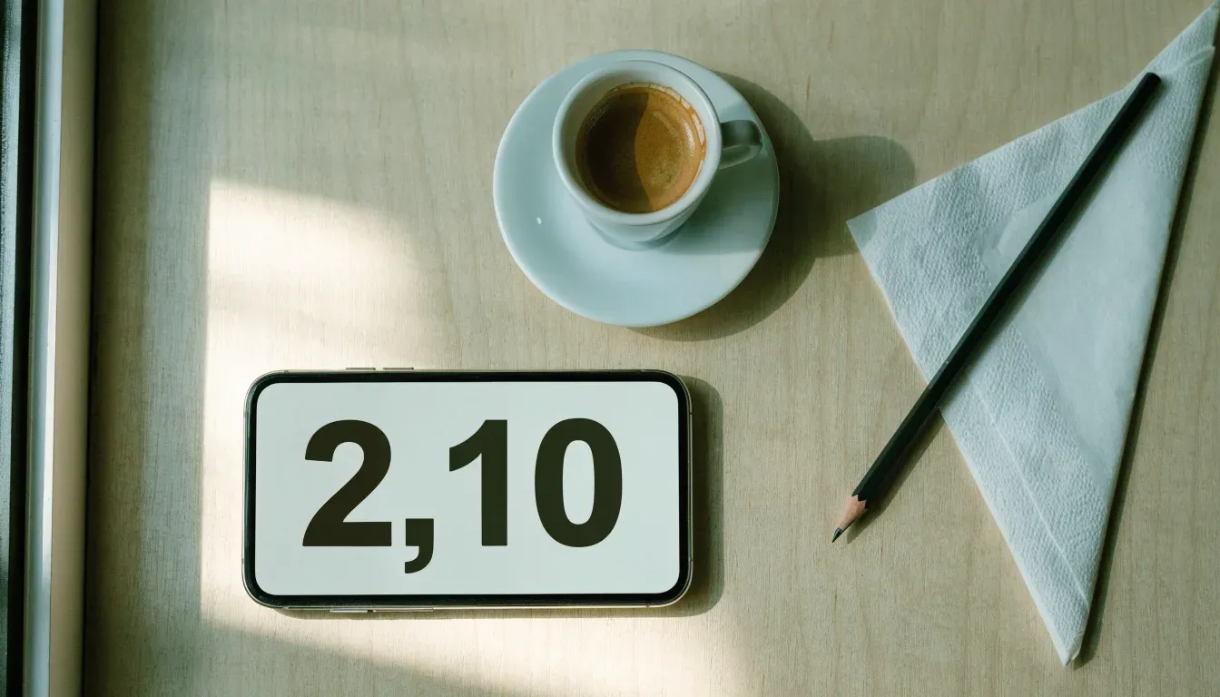 Eine Espressotasse und ein Bleistift liegen auf einem Caféhaustisch neben einer gefalteten Stoffserviette im Licht der Morgensonne.