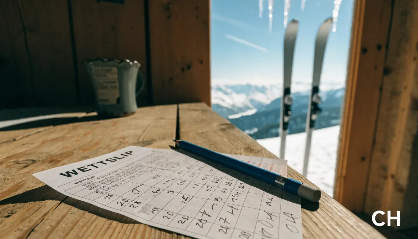 Zwei Skier stecken aufrecht im Schnee neben einer Holzhütte, dahinter ein weites Alpenpanorama bei klarem Himmel.