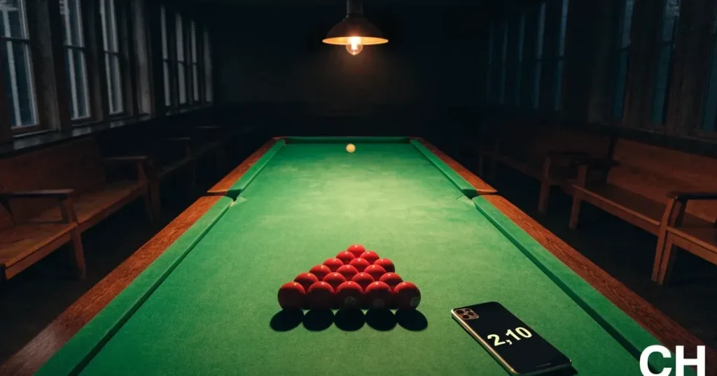 Ein Snookertisch mit grünem Tuch und einem Dreieck aus roten Kugeln unter einer tief hängenden Lampe in einer leeren Halle.