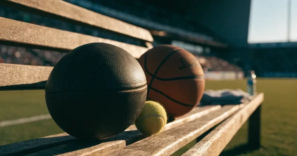 Drei Sportbälle, ein Fussball, ein Tennisball und ein Basketball, liegen nebeneinander auf einer Holzbank.
