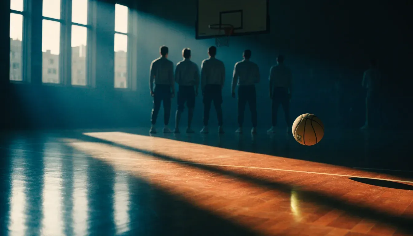 Ein Basketballkorb hängt in einer leeren Turnhalle, durch hohe Fenster fällt Licht auf das Holzparkett.