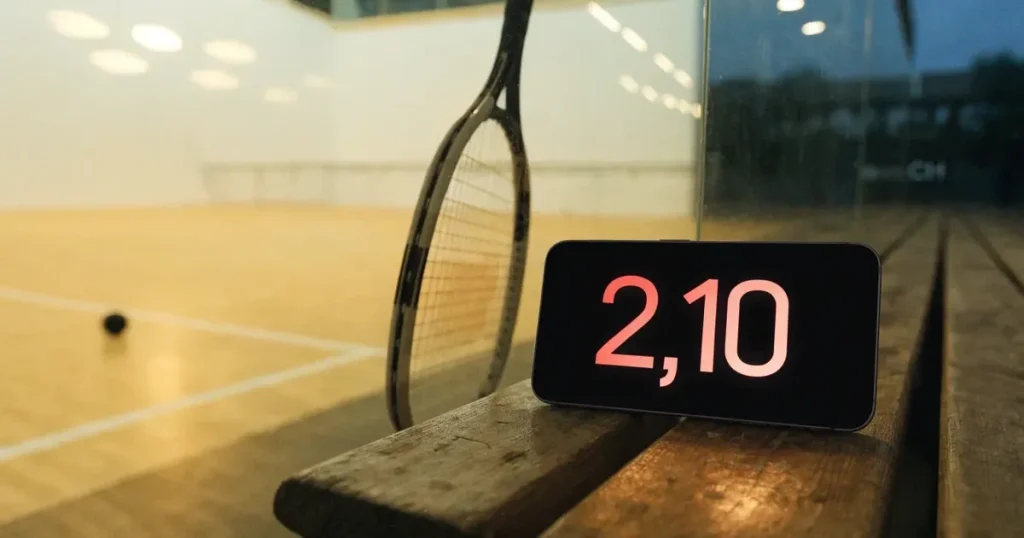 Ein leerer Squashcourt mit weissen Wänden und hellem Holzboden, ein Ball liegt in der Mitte, Deckenlicht spiegelt sich im Parkett.