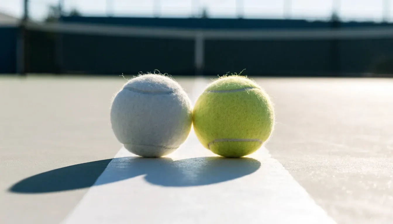Zwei Tennisbälle liegen auf der weissen Grundlinie eines Hartplatzes im grellen Sonnenlicht.