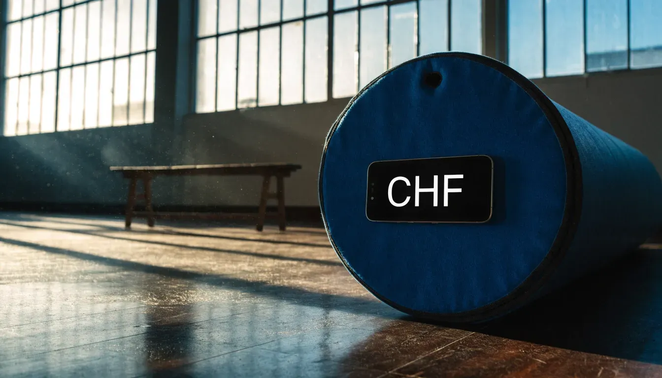 Eine zusammengerollte Trainingsmatte in der Ecke eines leeren Fitnessraums, durch hohe Fenster fällt Morgenlicht.
