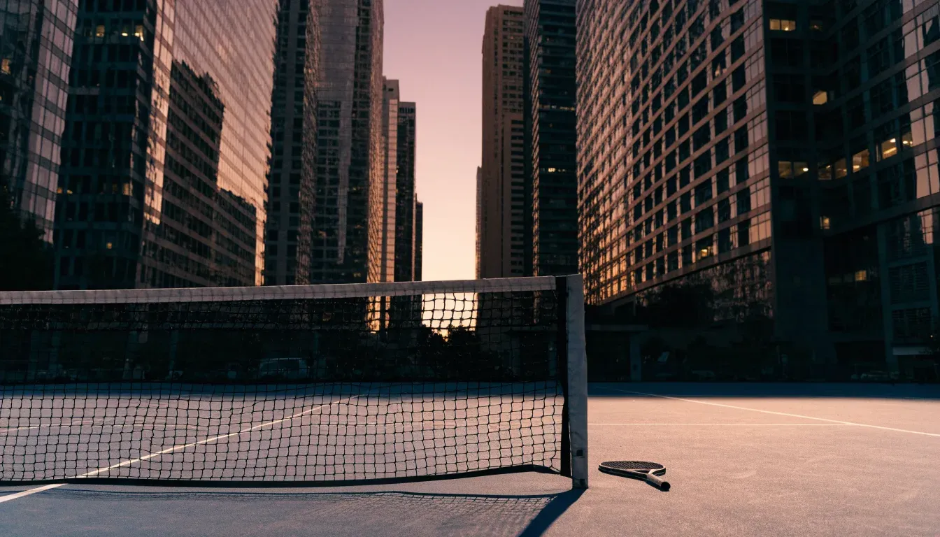 Die Hochhäuser einer Grossstadt in der Dämmerung, gesehen von einem Park, im Vordergrund ein gespanntes Tennisnetz.