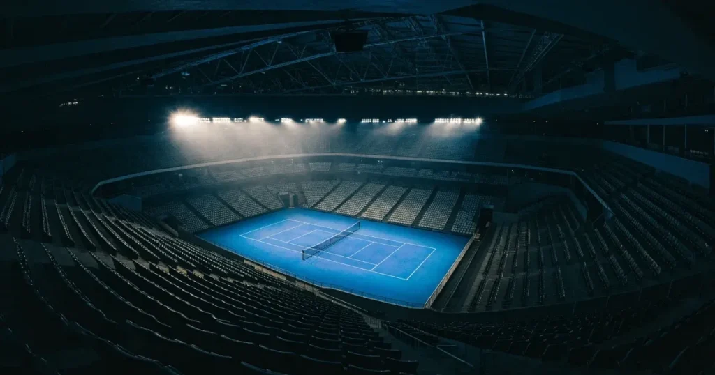 Ein hohes Tennisstadion mit geschlossenem Dach, von innen beleuchtet, leere Sitzreihen umschliessen den blauen Hartplatz.