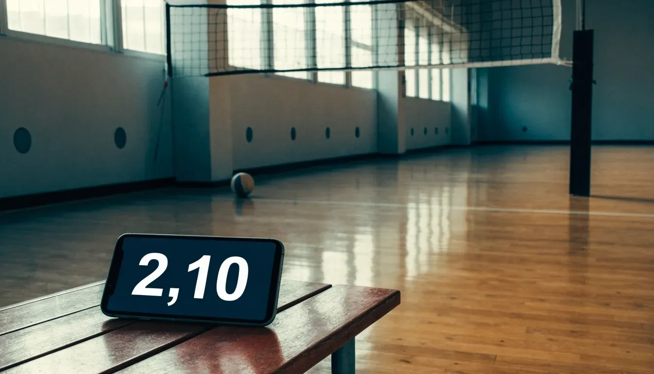Eine Sporthalle mit gespanntem Volleyballnetz über poliertem Holzboden, hohe Fenster lassen Tageslicht herein.