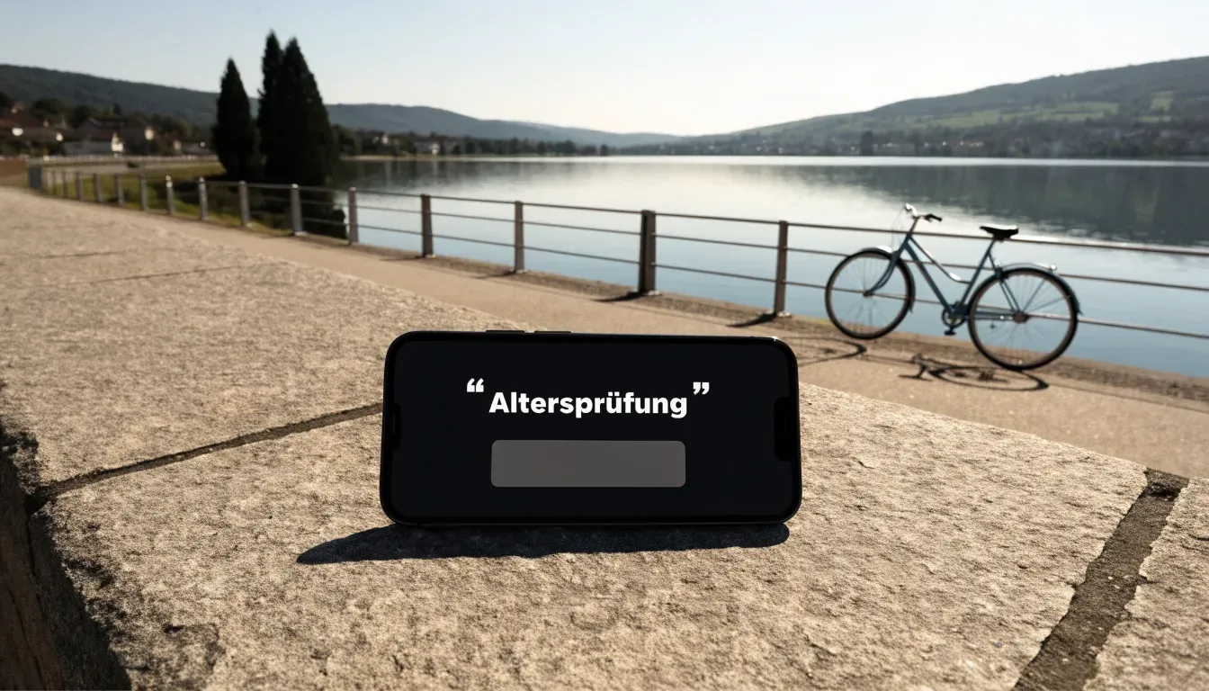 Ein Fahrrad lehnt an einem Geländer einer Uferpromenade an einem See im Sonnenlicht.