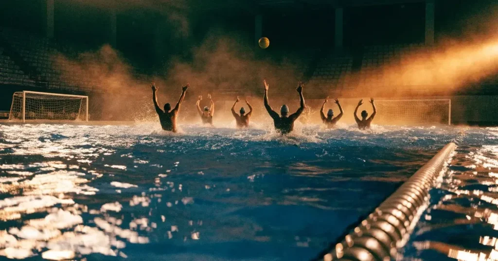 Ein Wasserballbecken am Abend mit zwei schwimmenden Torrahmen an den Enden, ruhiges blaues Wasser, leere Ränge.