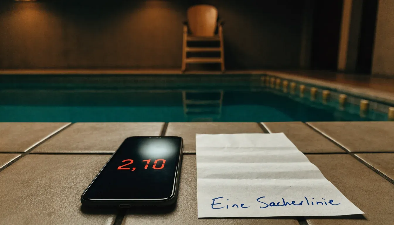 Ein Bademeisterstuhl neben einem Hallenbad zur Schliesszeit, gedimmtes Licht, glatte Wasseroberfläche.