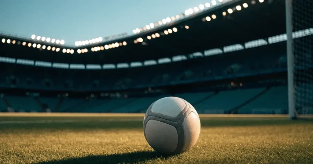 Ein Fussball liegt auf dem Anstosspunkt eines leeren Rasenplatzes, dahinter ragen die Ränge eines grossen Stadions in der Abenddämmerung auf.