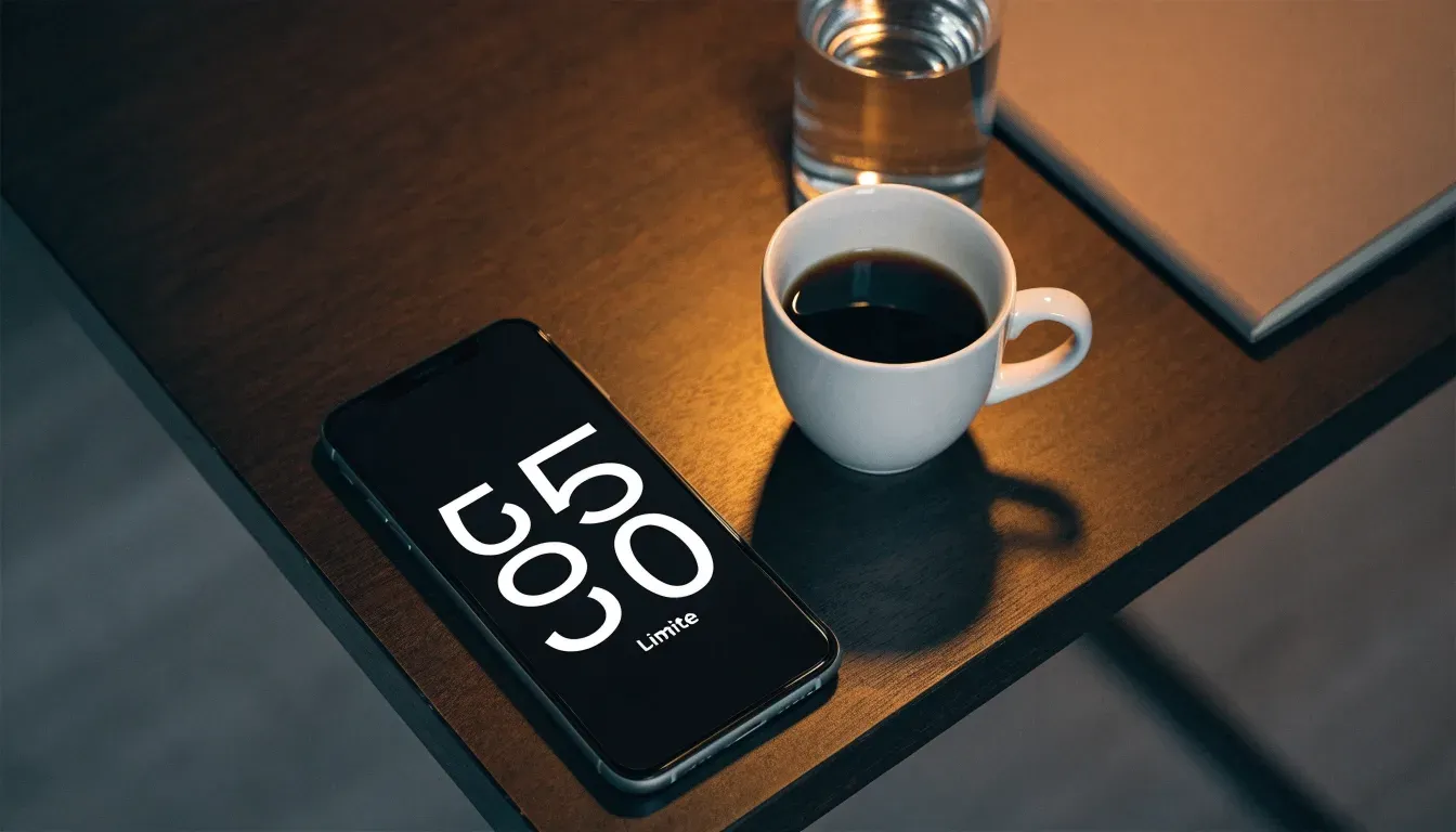 Ein Smartphone mit dunklem Display liegt neben einer Kaffeetasse und einem Glas Wasser auf einem Holztisch im Licht einer Lampe.