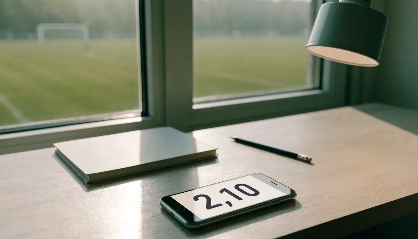 Ein Schreibtisch am Fenster mit Schreibtischlampe, Bleistift und leerem Block, draussen liegt ein Fussballplatz im Dunst.