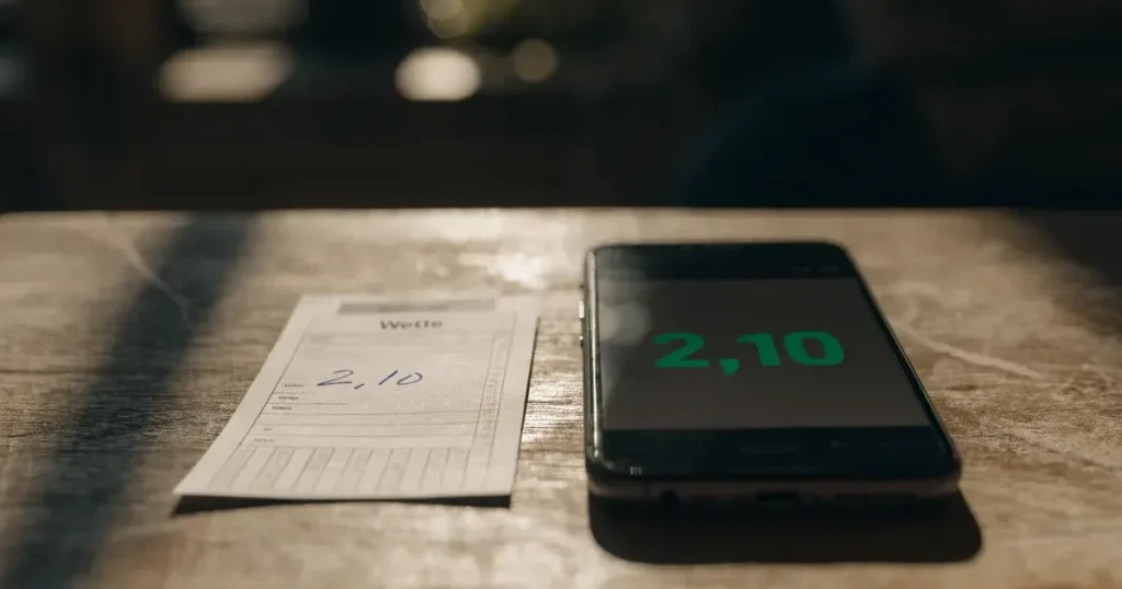 Ein kleines Geschenk mit Schleife steht auf einem Holztisch neben einem Smartphone mit dunklem Display im Seitenlicht.