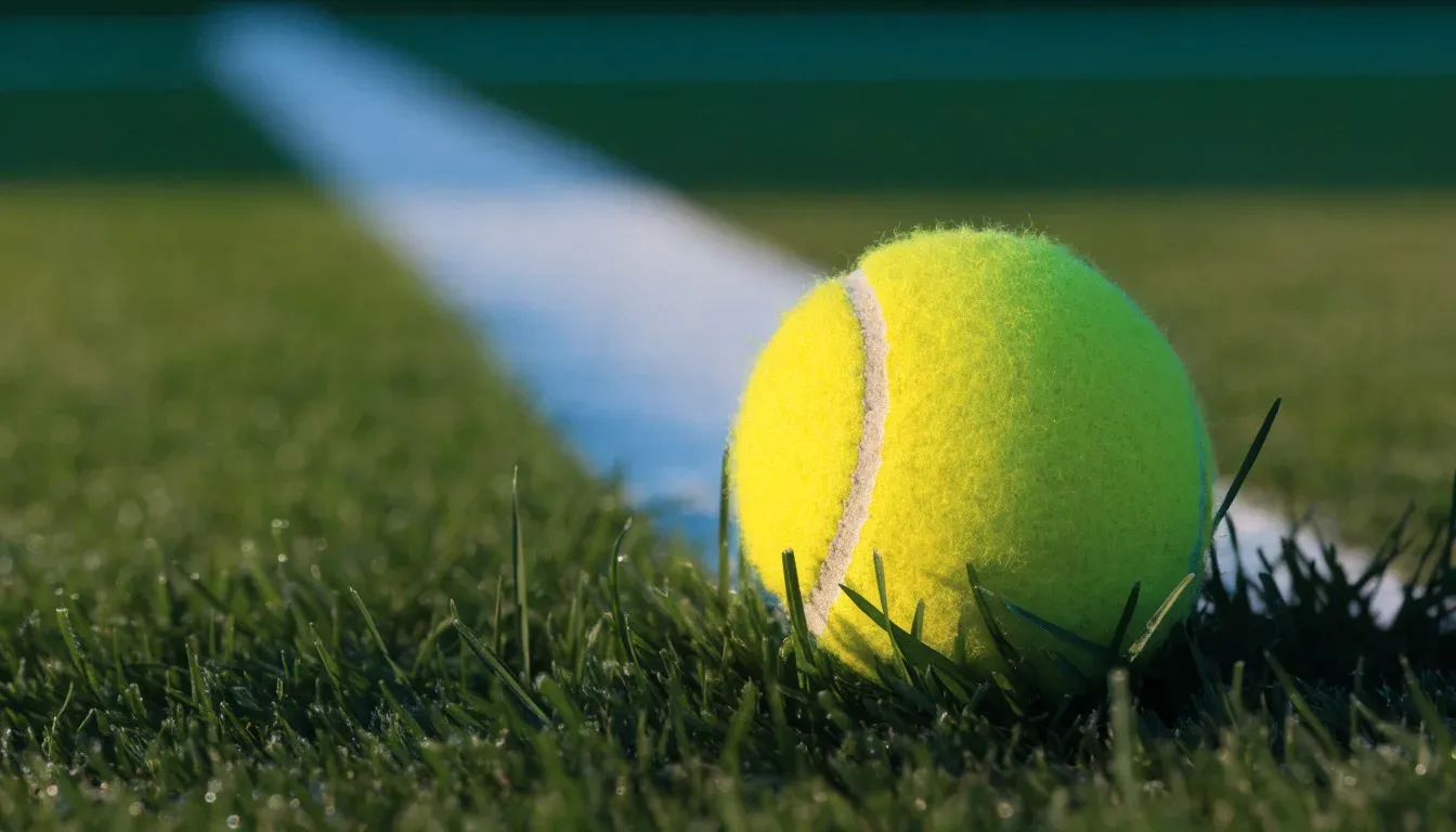 Ein gelber Tennisball liegt im Gras neben der weissen Grundlinie, Tau glitzert auf den Halmen im flachen Sonnenlicht.