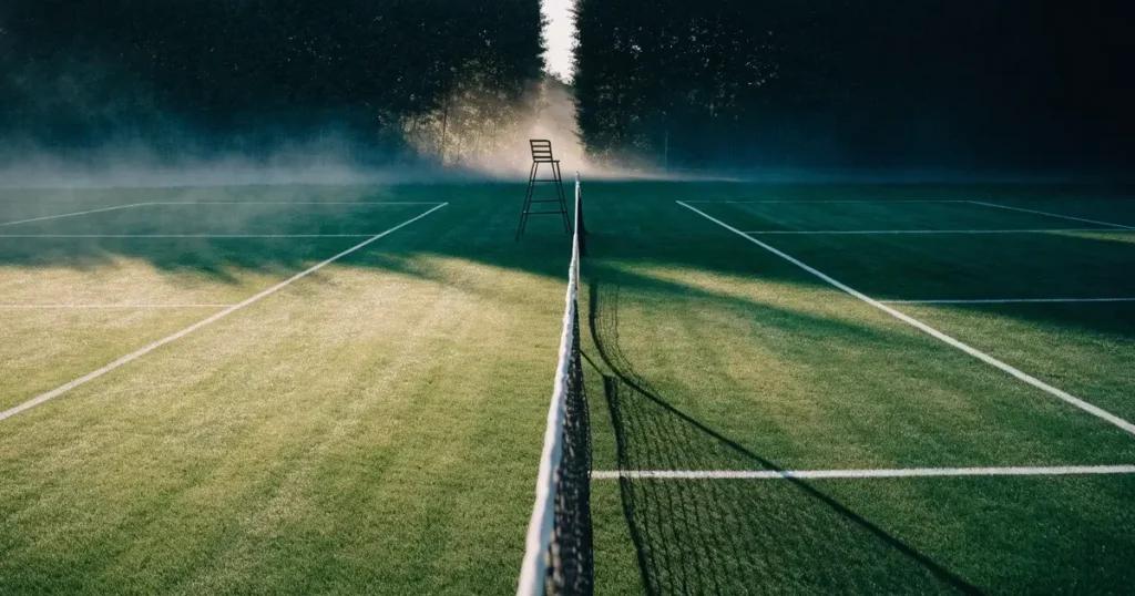Ein Tennisplatz aus Rasen im ersten Morgenlicht mit frisch gezogenen Linien, einem Netz und einem leeren Schiedsrichterstuhl, dahinter hohe Hecken.