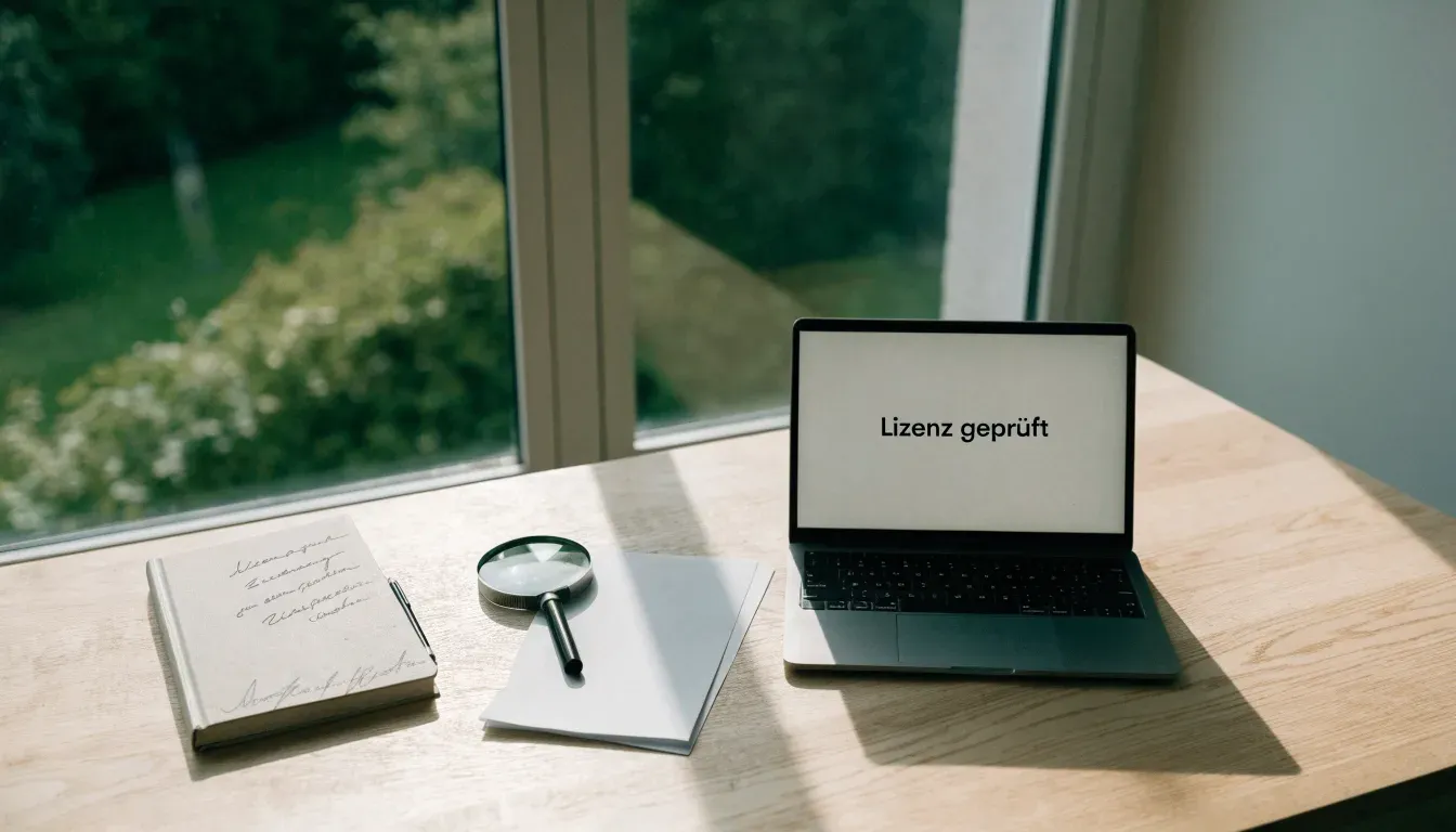 Ein Holzschreibtisch in einem hellen Büro mit Blick auf einen Park, darauf eine Lupe und ein leerer Notizblock.