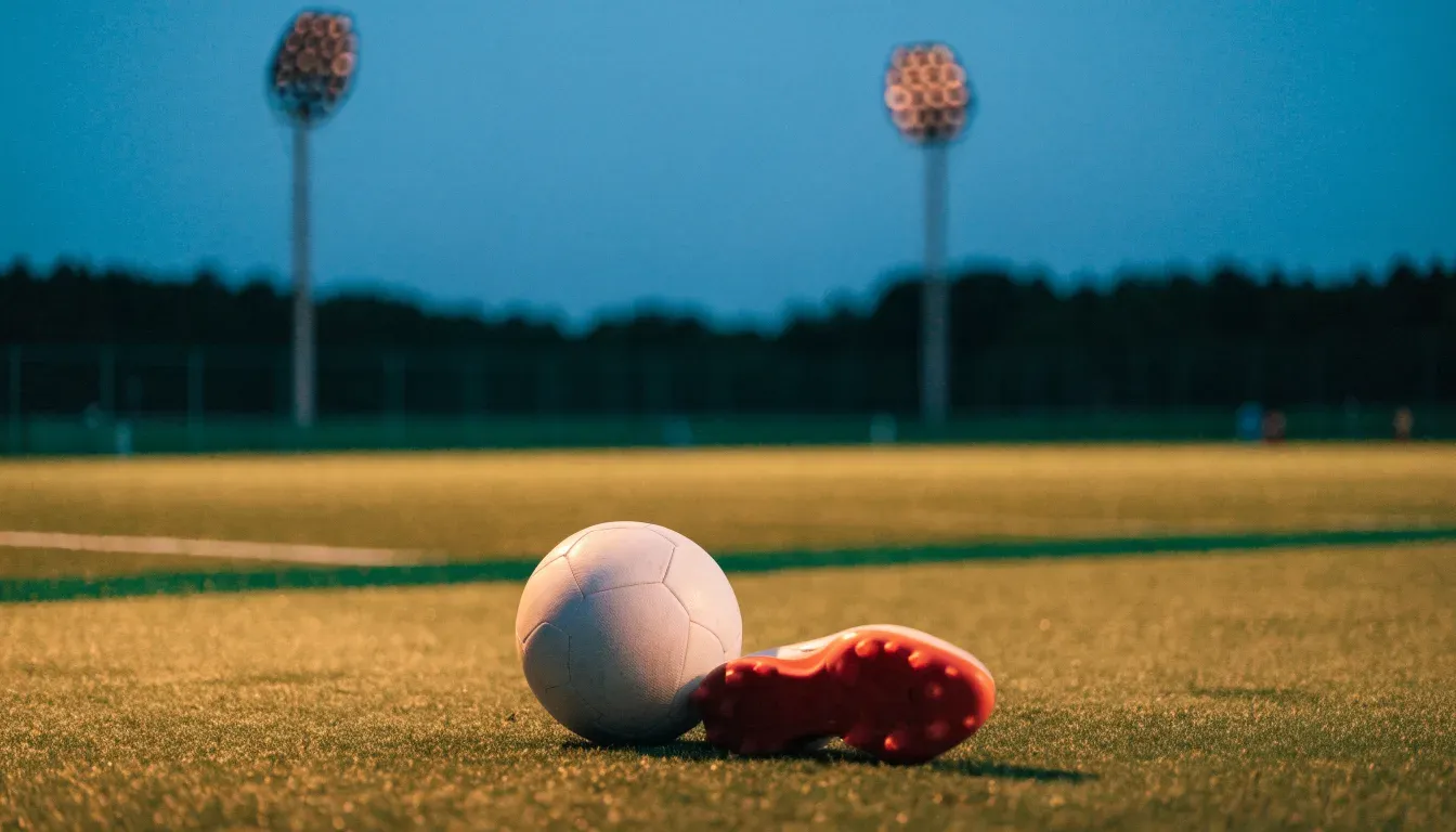 Ein Fussball und ein Paar Stollenschuhe stehen am Rand eines Kunstrasenplatzes, Flutlichtmasten ragen in den Abendhimmel.