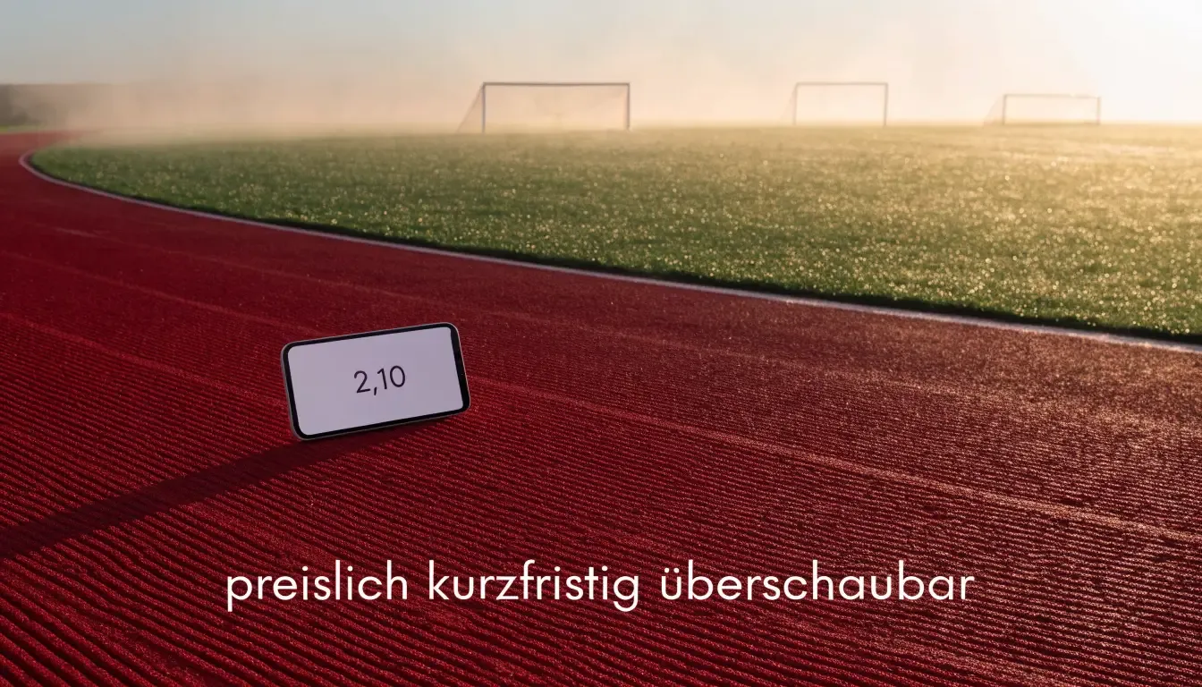 Eine rote Laufbahn umringt ein Fussballfeld beim Sonnenaufgang, auf dem Rasen liegt Tau.