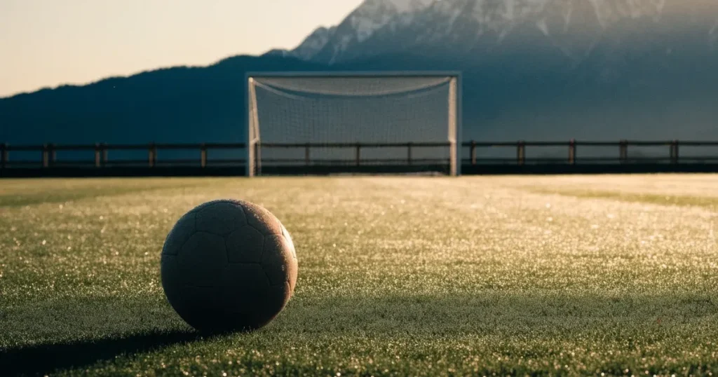 Ein Fussball liegt am frühen Morgen auf dem Rasen eines leeren Fussballfeldes, dahinter eine kleine Tribüne und schneebedeckte Berge.