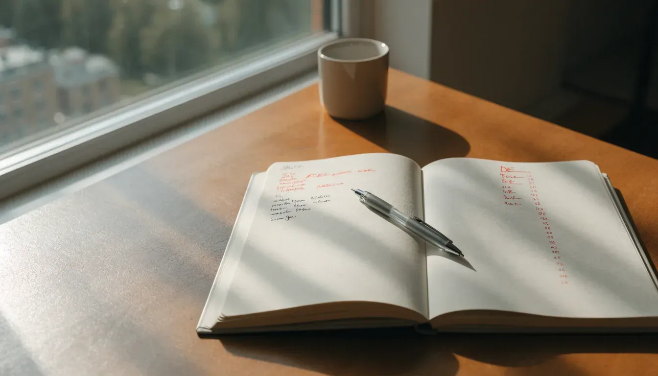 Ein aufgeschlagenes Notizbuch mit handschriftlichen Notizen und ein Kugelschreiber liegen auf einem Holztisch neben einem Fenster mit Tageslicht.