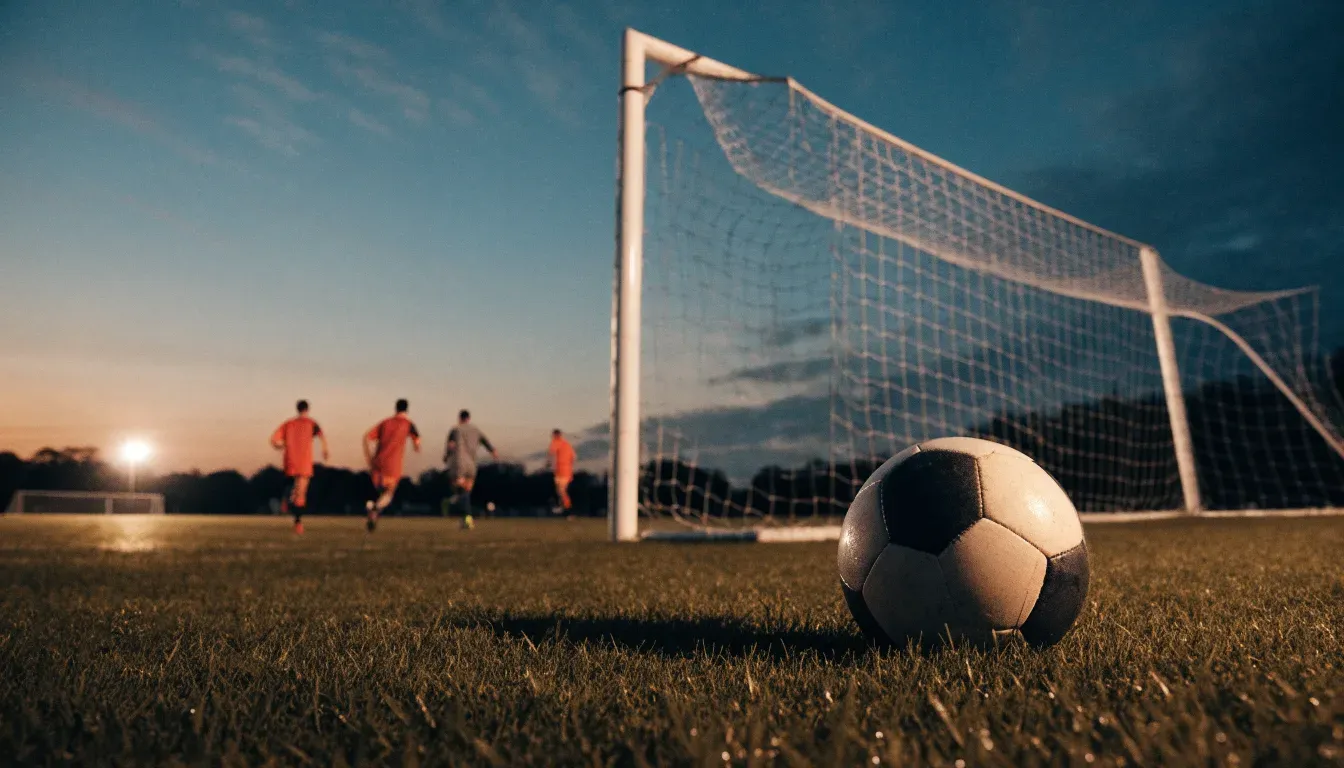 Ein Fussballschuh hängt an den Schnürsenkeln an einem Zaunpfosten neben einem Trainingsplatz im Abendlicht.