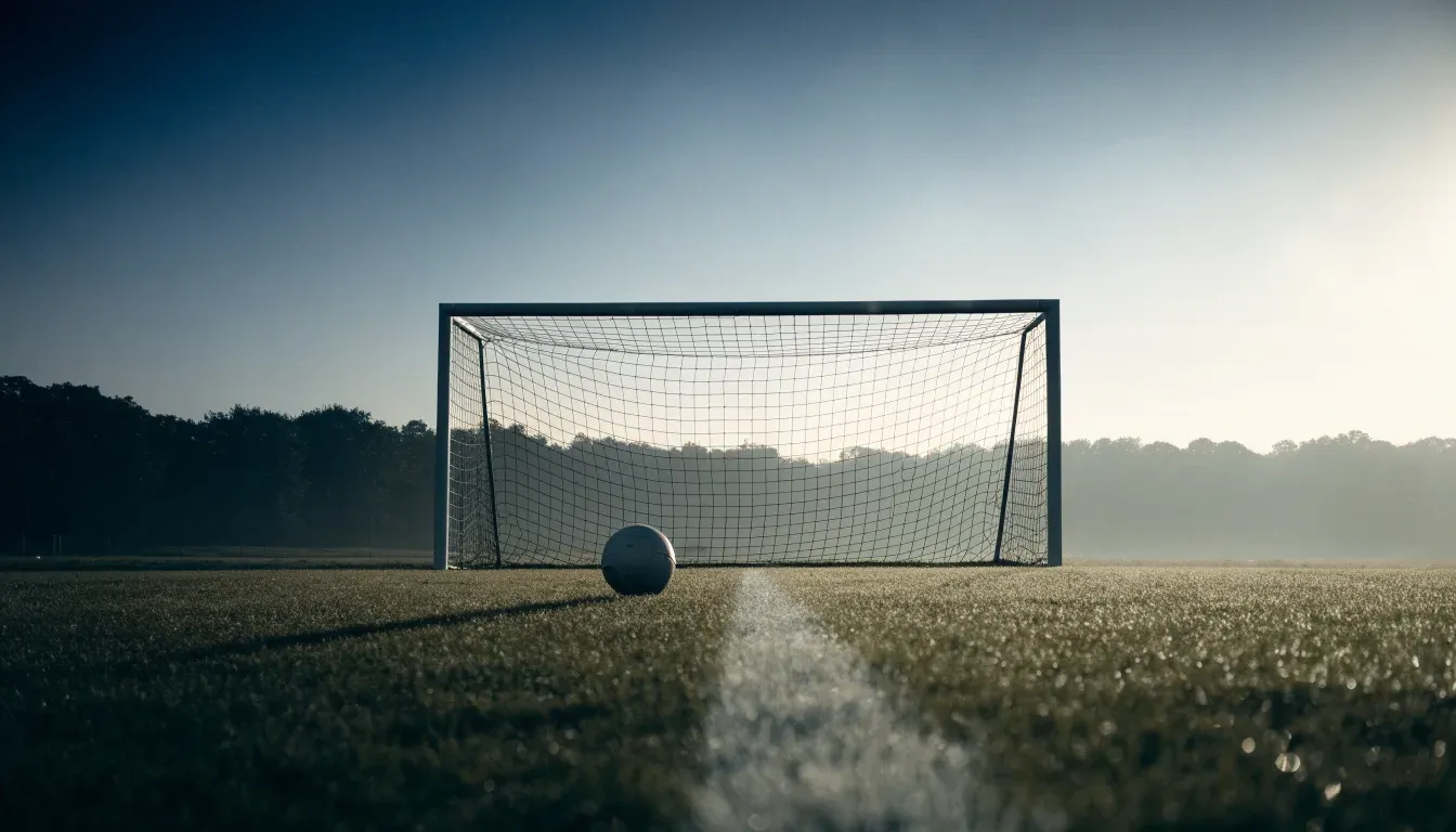 Ein Torpfosten mit Netz steht im Gegenlicht auf einem leeren Fussballplatz, über dem Rasen liegt Nebel.